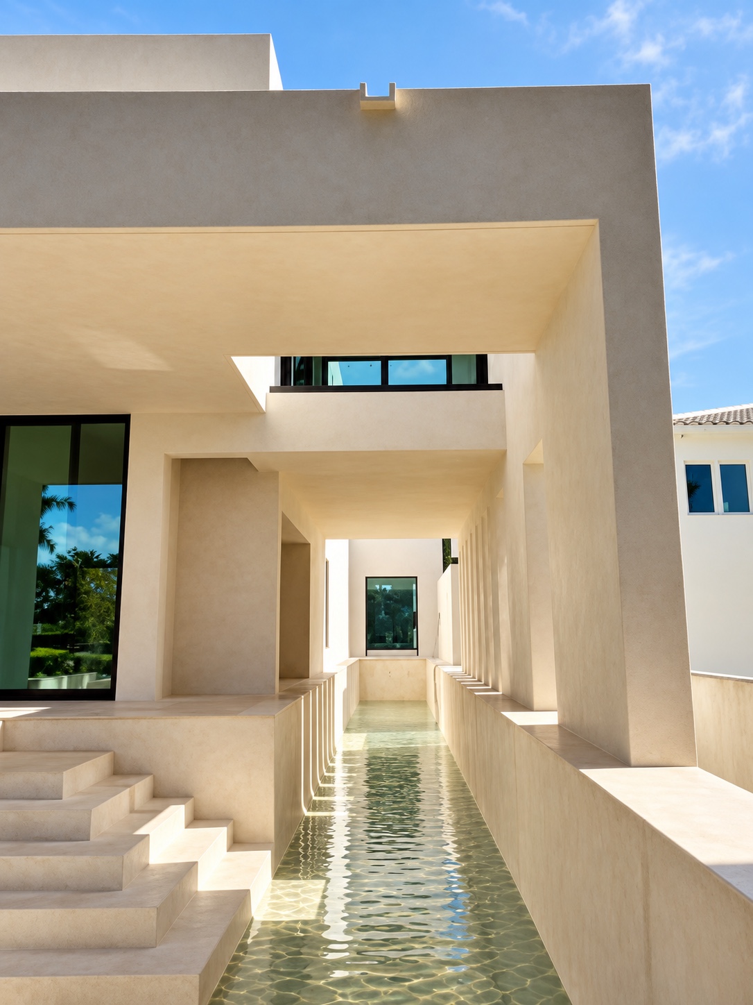 Pasillo exterior de la residencia de Miami Beach con recubrimiento de chukum y canal de agua